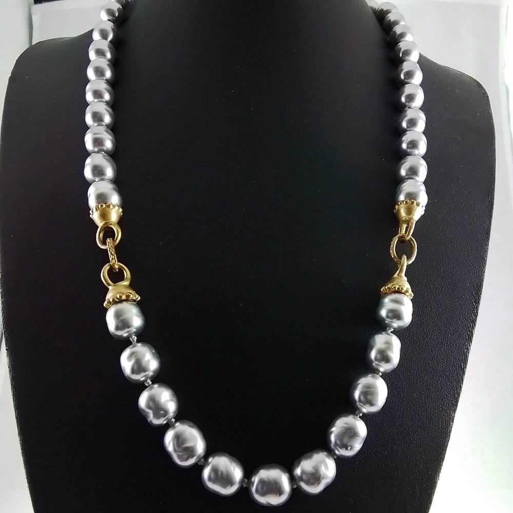 Vintage Silver Gray Faux Pearls Long Hand Knotted Beaded Necklace